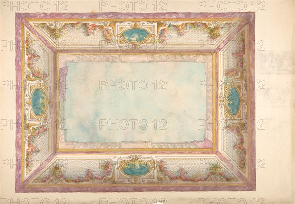 Design for a ceiling with trompe l'oeil balustrade and putti, second half 19th century.