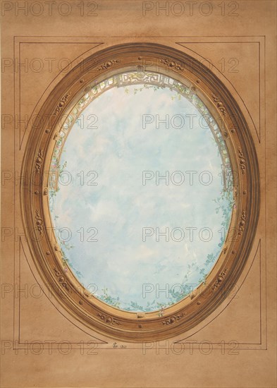 Design for a ceiling with trompe l'oeil balustrade and sky, 1869.