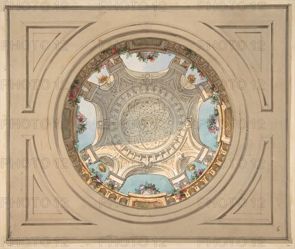 Design for a ceiling with trompe l'oeil balustrade, second half 19th century.
