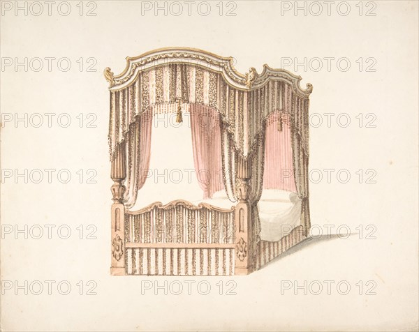Design for a Curtained Four Poster Bed with Brown, Pink and White Striped Curtains, early 19th century.