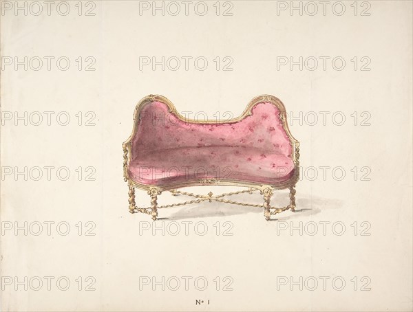 Design for a Double Hump-backed Sofa with Turned Legs and Arms, with Red Tufted Upholstery, early 19th century.