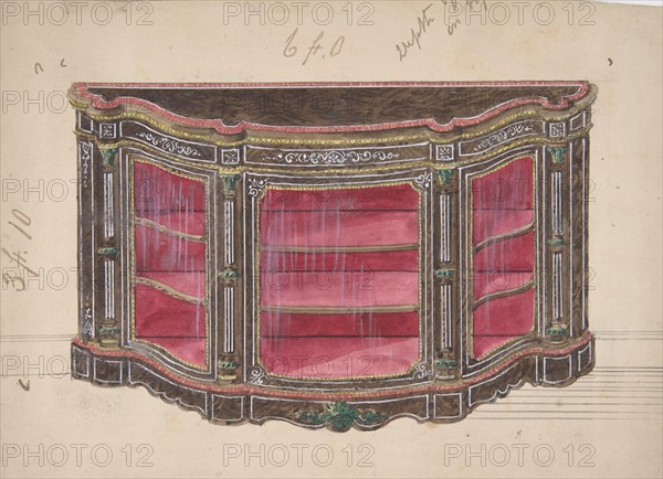 Design for a Glass Fronted Cabinet with Red Interior, 19th century.