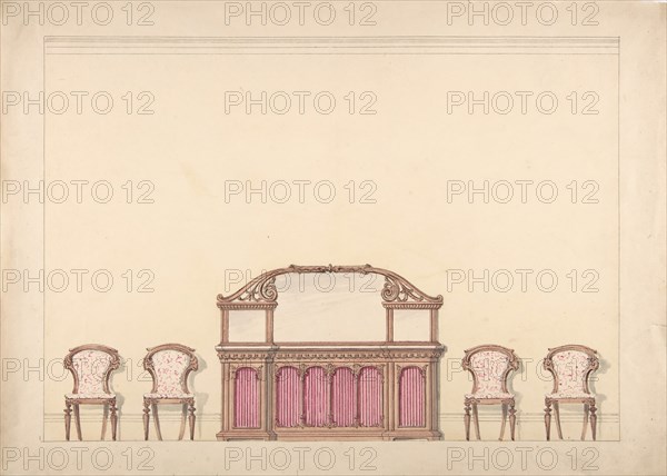 Design for a Mirrored Cabinet and Four Chairs, early 19th century.