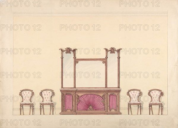 Design for a Mirrored Cabinet and Four Chairs, early 19th century.