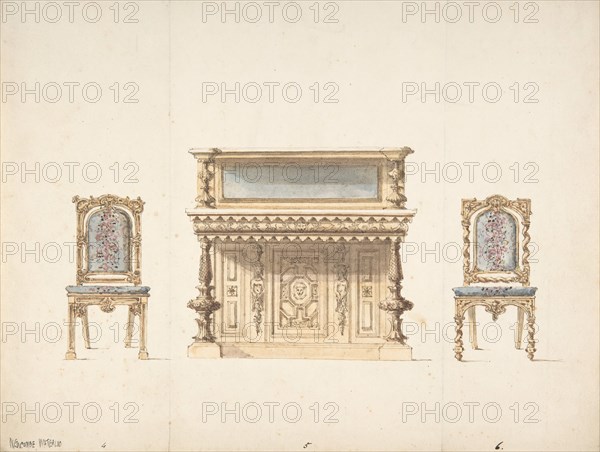Design for a Mirrored Cabinet and Two Chairs, early 19th century.