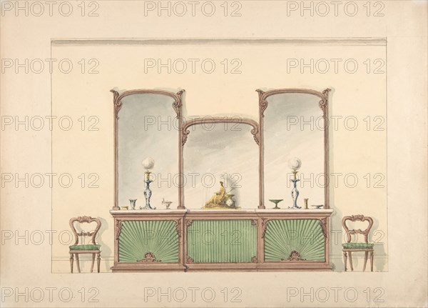 Design for a Mirrored Three Sectioned Marble-topped Cabinet and Two Chairs, early 19th century.