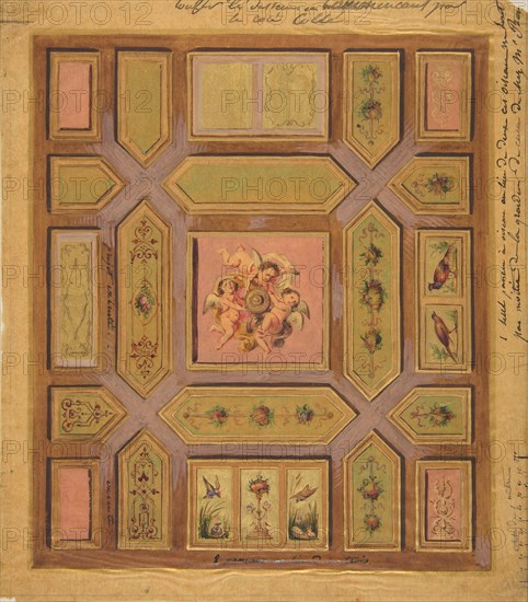 Design for a paneled ceiling painted with putti, birds, and floral motifs on tracing paper; mounted on wove paper, 19th century.