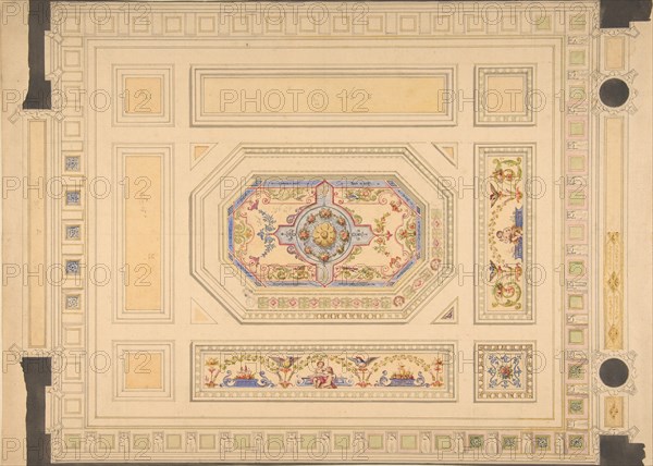 Design for a paneled ceiling painted with putti, birds, and floral motifs, 19th century.