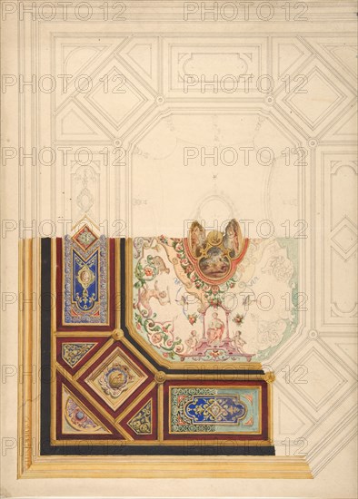 Design for a paneled ceiling to be painted in grotesque motifs, 19th century.