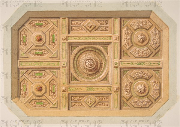 Design for a paneled ceiling with painted decoration, 19th century.