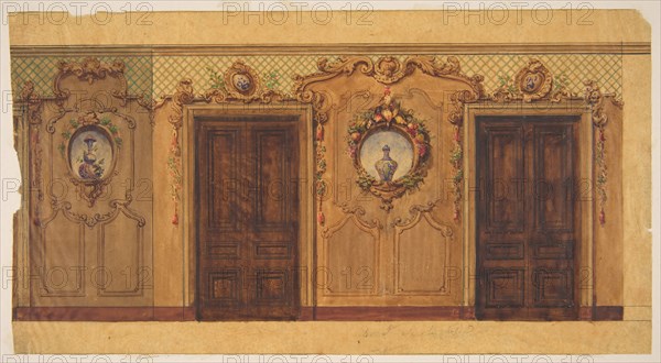 Design for a room with double doors decorated with garlands of fruit and flowers, scrolls, and lattice work, 1830-97.