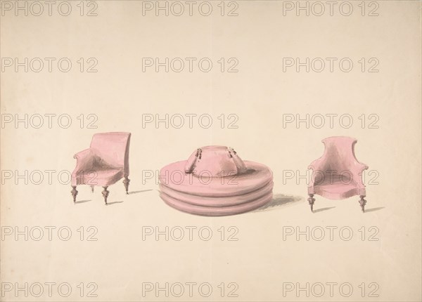 Design for a Round Pink Sofa and an Armchair and a One-armed Chair, early 19th century.