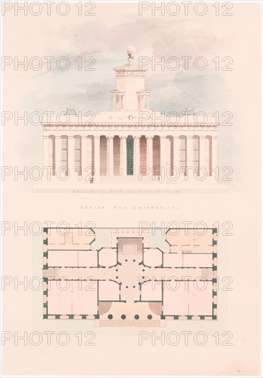 Design for a University (entrance facade and plan), n.d..