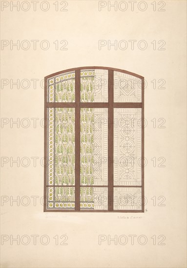 Design for an arched stained glass window, showing two alternative patterns, 1869.