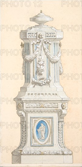 Design for an ornamented stone pedestal surmounted by an urn, 1830-97.