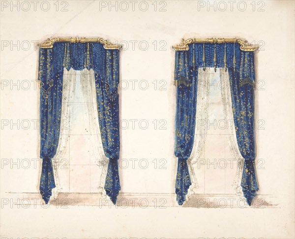 Design for Blue and Gold Curtains with Gold Fringes and a Gold Pediment, early 19th century.