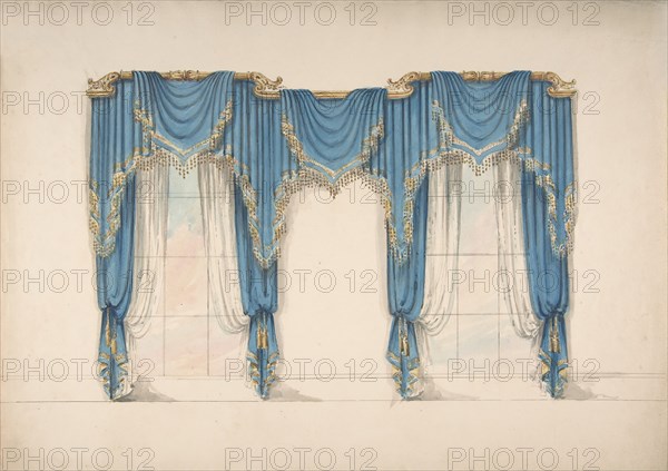 Design for Blue Curtains with Gold Fringes and Pediments, early 19th century.