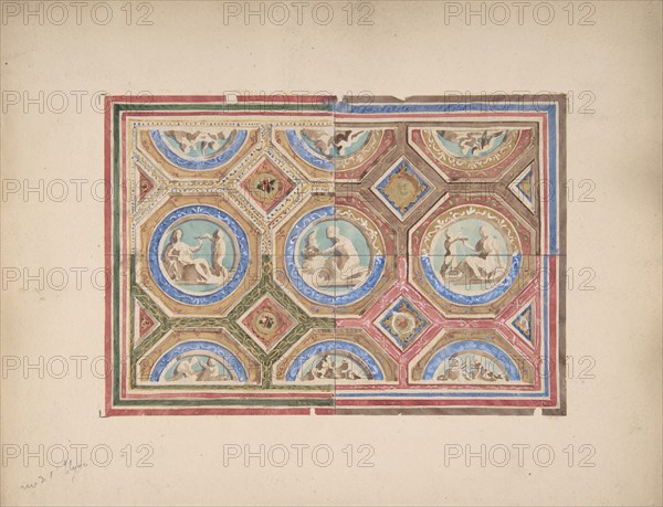 Design for Coffered Ceiling in Four Alternate colour Schemes, Empress Eugenie's Hotel, second half 19th century.