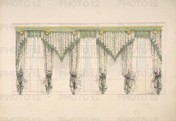 Design for Curtains with Pink, Green and White Floral Fabric and Pink and Green Fringes, ca. 1820.