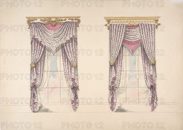 Design for Curtains with Purple, White and Mink Fabric, Purple Fringes and Gold and White Pediments, early 19th century.