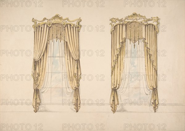 Design for Gold Curtains with Gold Fringes and a Gold and White Pediment, early 19th century.