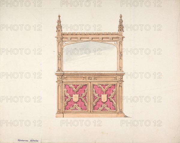 Design for Gothic Style Cabinet with Mirror, early 19th century.