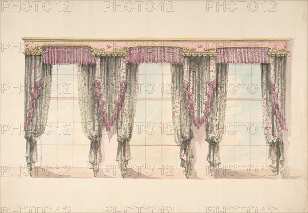 Design for Gray and Pink Curtains with Pink Fringes and a PInk and Gold Pediment, early 19th century.