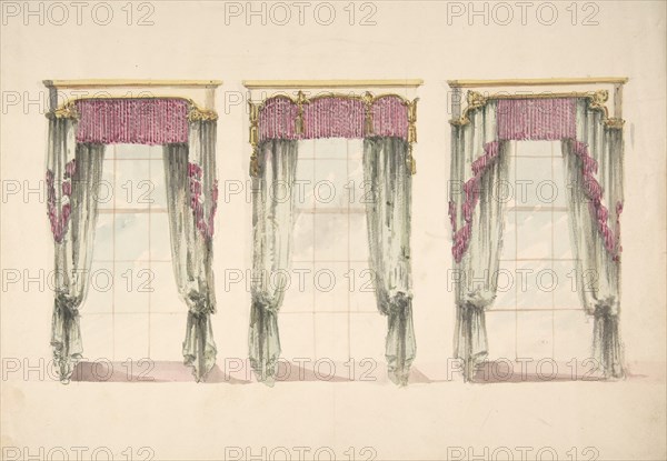 Design for Gray Curtains with Pink Fringes, and White and Gold Pediments, ca. 1820.