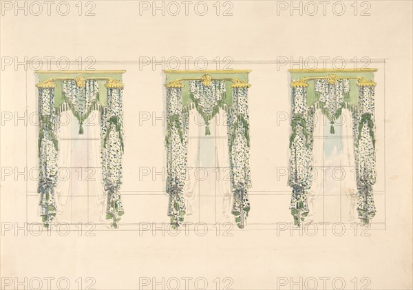 Design for Green and White Curtains with Green Fringes and a Green and Gold Pediment, early 19th century.