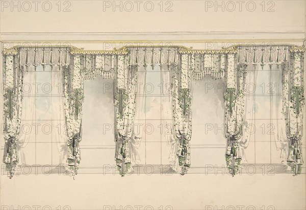 Design for Green and White Curtains with Green Fringes, and White and Gold Pediments, ca. 1820.