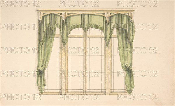 Design for Green Curtains with Green Fringes and a Gold Pediment, early 19th century.
