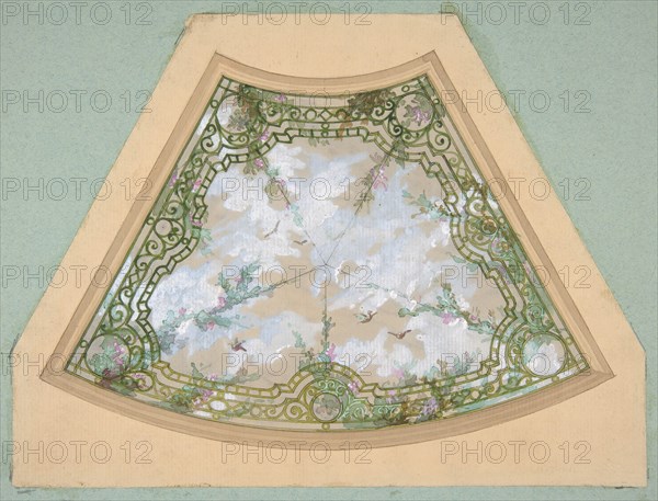 Design for one section of a ceiling painted in trompe l'oeil iron work with flowering vines and birds, second half 19th century.