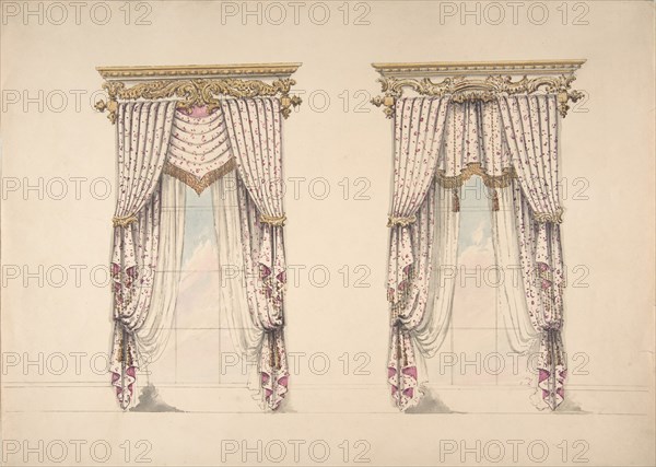 Design for Pink and White Curtains with Gold Fringes, and Gold and White, early 19th century.