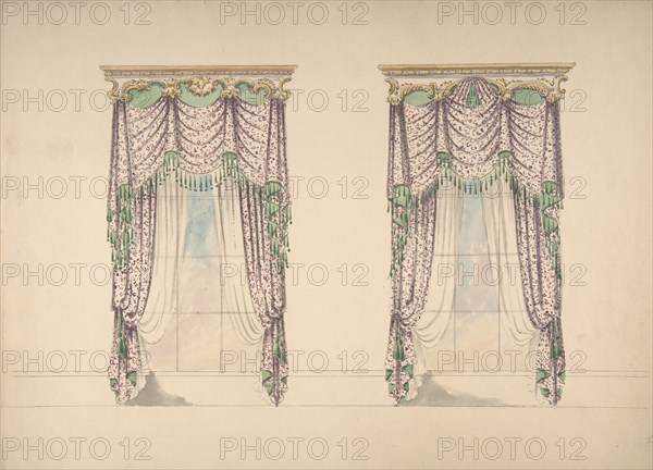 Design for Pink and White Curtains with Green Fringes, and Gold and White Pediments, ca. 1820.