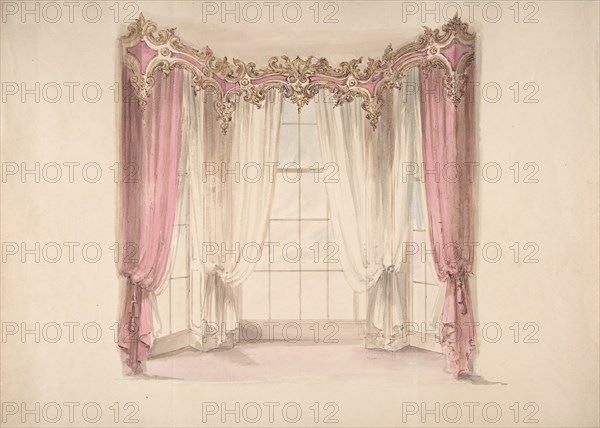 Design for Pink Curtains and White Inner Curtains, with a Gold, White and Pink Pediment, early 19th century.