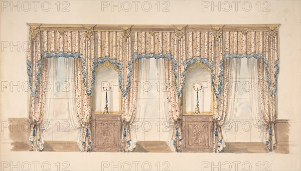 Design for Pink, Gold, Blue and White Curtains with Blue Fringes and a Gold and Wood Pediment, early 19th century.