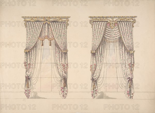 Design for Pink, Green and White Curtains with Pink and Gold Fringes and a Gold and White Pediment, early 19th century.