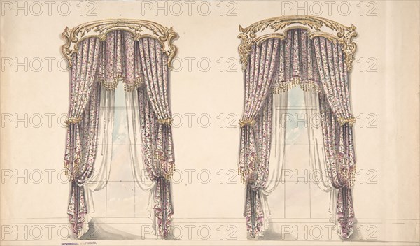 Design for Pink, Mauve and White Floral Curtains with a Gold and White Pediment, early 19th century.