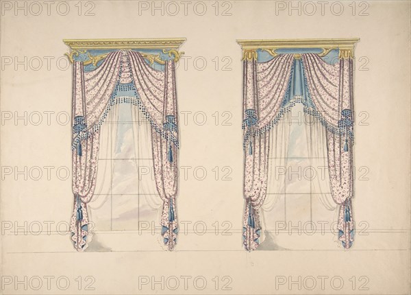 Design for Pink, White and Blue Curtains with Blue Fringes, and Gold and Blue Pediments, ca. 1820.