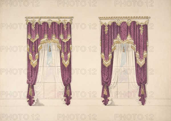 Design for Purple Curtains with Gold Fringes and a Gold and White Pediment, early 19th century.