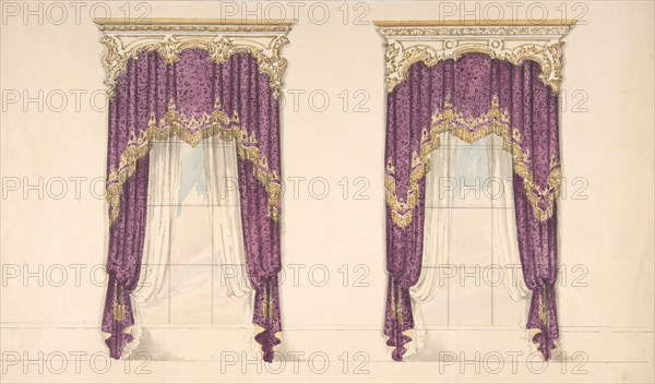 Design for Purple Curtains with Gold Fringes and a Gold and White Pediment, early 19th century.