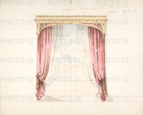 Design for Red Curtains with a Gothic Style Gold Pediment, early 19th century.
