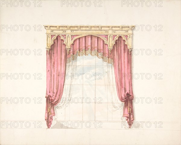 Design for Red Curtains with Gold Fringes and a Gold Gothic Pediment, early 19th century.