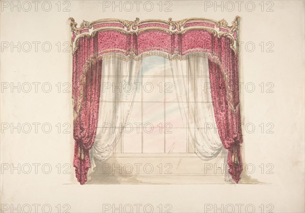 Design for Red Curtains with Gold Fringes and a Gold, Red and White Pediment, early 19th century.