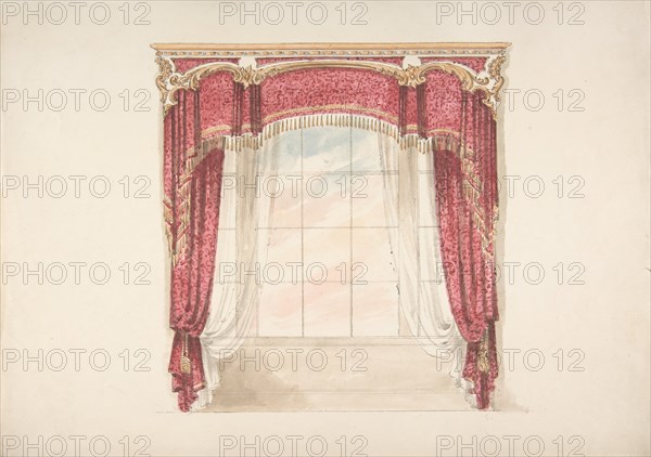 Design for Red Curtains with Gold Fringes and Gold and White Pediment, early 19th century.