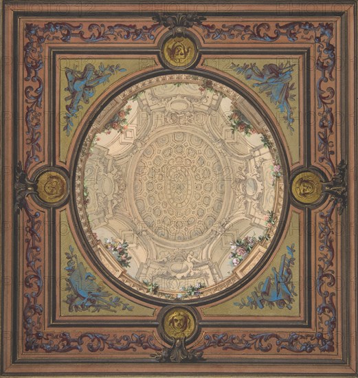 Design for the decoration of a ceiling with a trompe l'oeil painting of a coffered dome, 1830-97.