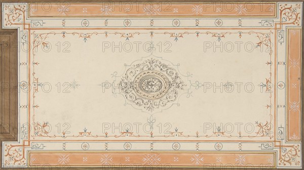 Design for the decoration of a ceiling with filagree borders and a central medallion, 1830-97.