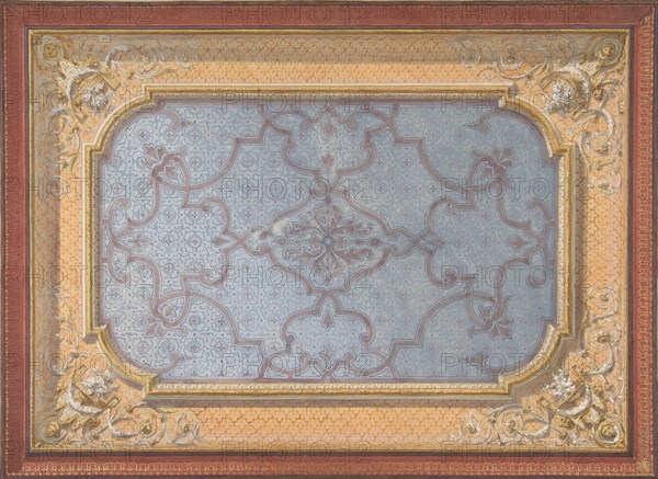 Design for the decoration of a ceiling with urns, swags, and portrait medallions in the four corners, 1830-97.