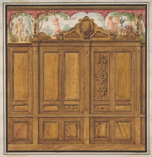 Design for the decoration of a room with a large wood-paneled cupboard surmounted by the monogram: H, 1830-97.