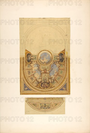 Design for the decoration of an oval ceiling with putti and garlands; with a detail of a lunette, 1830-97.